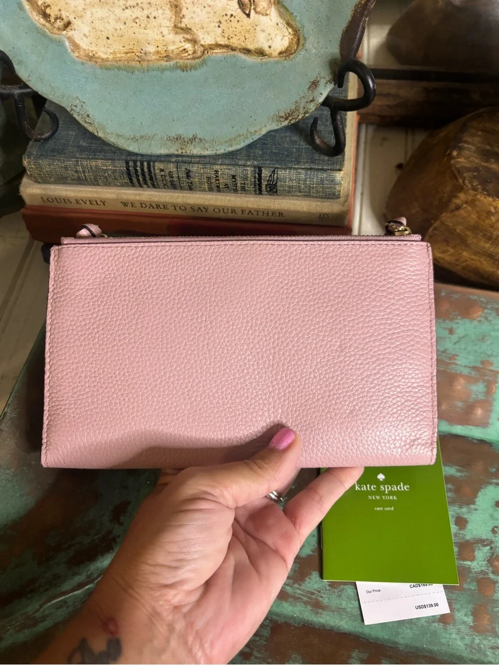 kate spade Pink Pebbled Leather Wristlet Clutch with Gold Logo